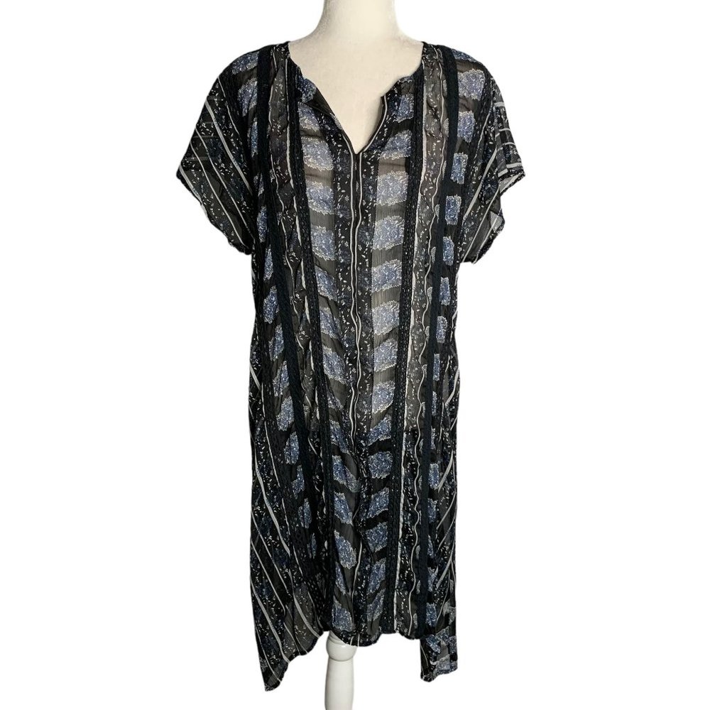Lucky Brand Sheer High Low Dress M Black Floral Short Sleeve V Neck Crochet Lace